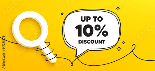 Up to 10 percent discount tag. Continuous line chat banner. Sale offer price sign. Special offer symbol. Save 10 percentages. Discount tag speech bubble message. Wrapped 3d search icon. Vector