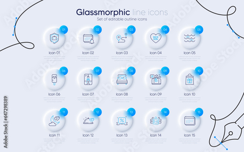 Set of Romantic dinner, Discounts ribbon and Journey line icons for web app. Crane claw machine, Calendar, Travel luggage icons. Luggage protect, Notification, Love night signs. Vector
