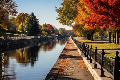 Autumn colors by Rideau Canal in Ottawa, Ontario, Canada. Generative AI photo
