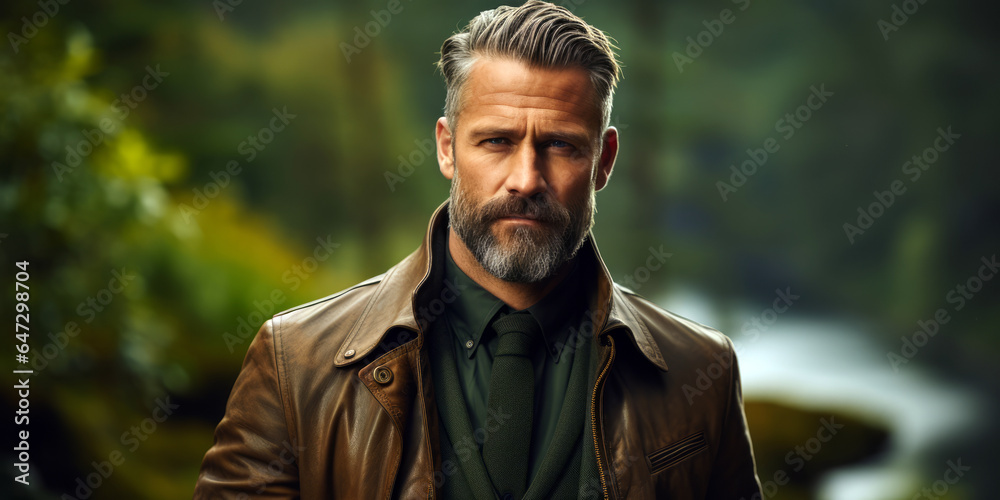 middle-aged man in a suave brown leather jacket middle-aged man in a suave brown leather jacket