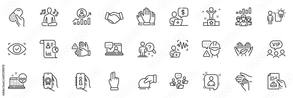 Icons pack as Handshake, Donate and Business person line icons for app include Support, Report, Developers chat outline thin icon web set. Click hand, Voice wave, Vip clients pictogram. Vector