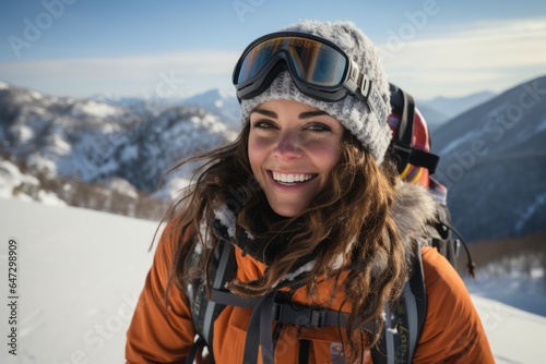 Chica guapa haciéndose un selfie en la montaña en vacaciones de invierno. 
