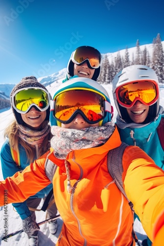 Grupo de amigos haciendo snow en la montaña. Vertical. Selfie. photo