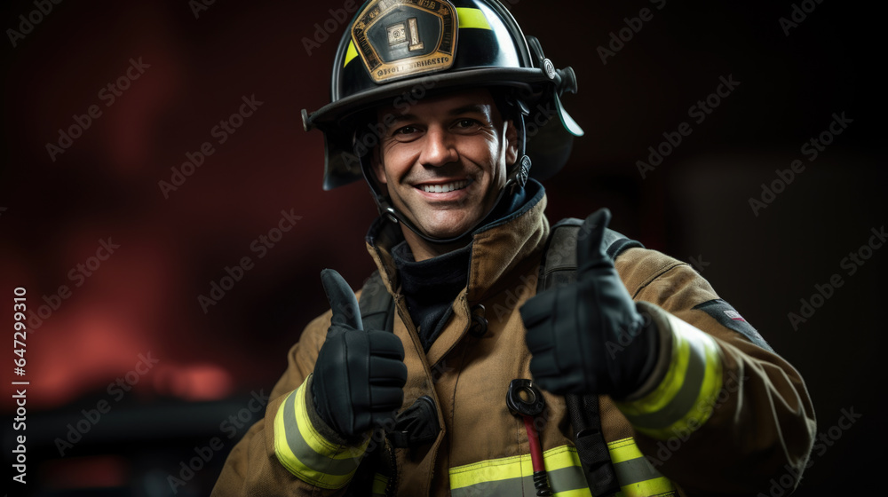 Firefighter portrait on duty with thumb up Firefighter portrait on duty with thumb up