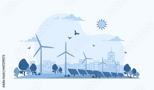 Environmental care and use clean green energy from renewable sources, Reduce carbon emissions, Wind power generators or windmill farm, Solar cells panels, Power generation industry on city background.