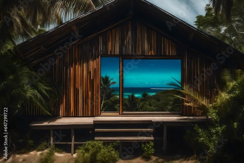 A closeup of a contemporary cabin  with a bruised soleil window providing a glimpse of a lush tropical beach - AI Generative