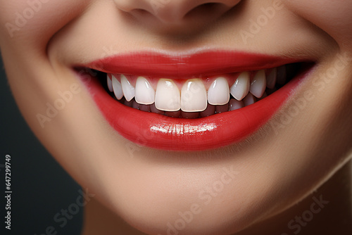 Photo of a beautiful woman s smile. Healthy teeth and gums. AI generated.