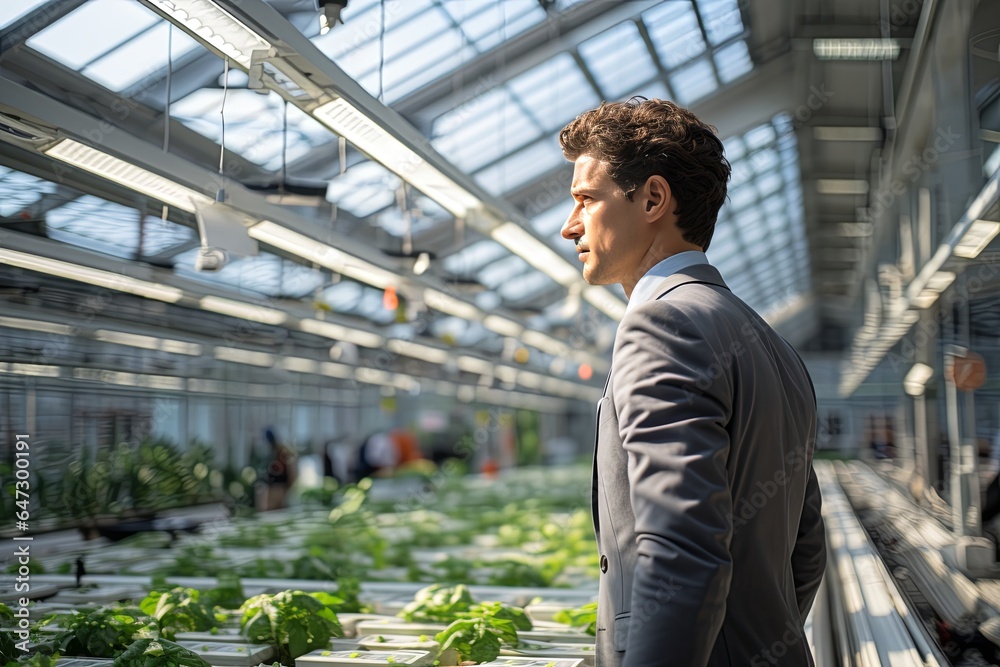 businessman formal suit standing focus concentrate looking in indoor hydroponic agriculture farm with vision and thinkful strategy and development gardening concept