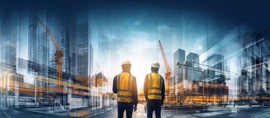 rear view of professional engineer manager standing concentrate focus multi exposure with building construction industry background construstion engineer concept