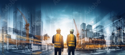 rear view of professional engineer manager standing concentrate focus multi exposure with building construction industry background construstion engineer concept photo