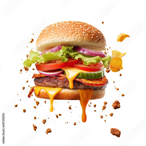 Large delicious juicy smoky burger separated on ingredients floating in air