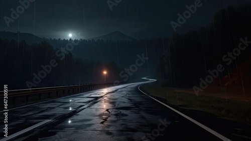 Navigating a Rainy Night. A Journey Along the Wet Road © Alexander Beker