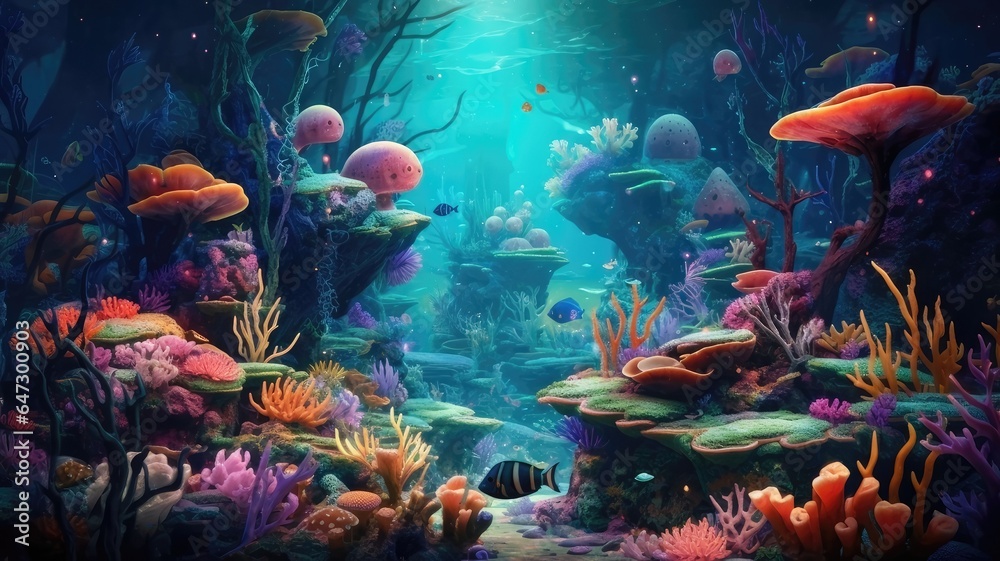 Naklejka premium Exploring a Surreal Underwater World. Sea Creatures, Coral Reefs, and Otherworldly Landscapes