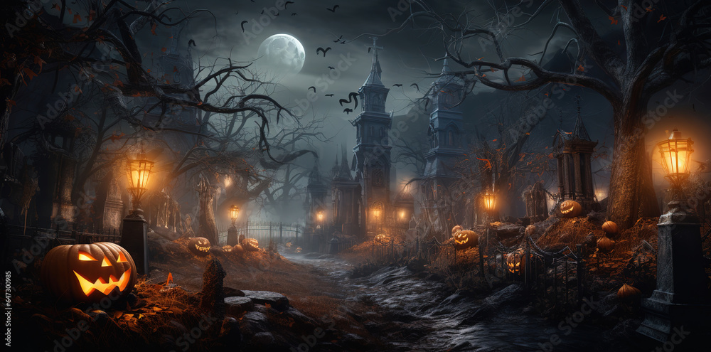 jack o lanterns in the graveyard, halloween, generative ai jack o lanterns in the graveyard, halloween, generative ai