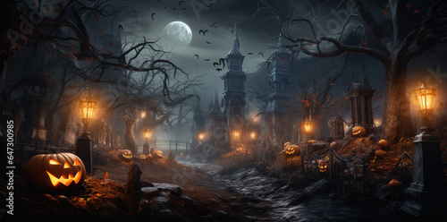 jack o lanterns in the graveyard, halloween, generative ai