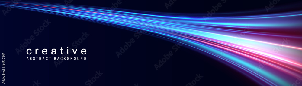 Light line effect blue neon glow flare wave glowing shiny speed lines effect vector background. Speed curve shine light line blue.