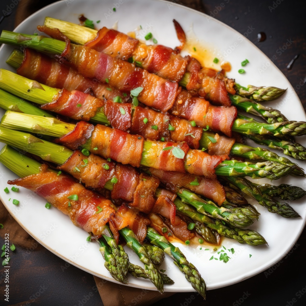 Roasted tasty asparagus with bacon on a plate. View from above. Generative AI. Roasted tasty asparagus with bacon on a plate. View from above. Generative AI.