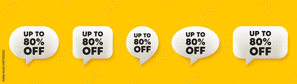 Up to 80 percent off sale. 3d chat speech bubbles set. Discount offer price sign. Special offer symbol. Save 80 percentages. Discount tag talk speech message. Talk box infographics. Vector Up to 80 percent off sale. 3d chat speech bubbles set. Discount offer price sign. Special offer symbol. Save 80 percentages. Discount tag talk speech message. Talk box infographics. Vector