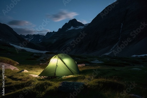 A tent with a backpack and glowing flashlight stands by a mountain. Generative AI