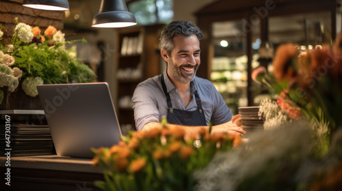 Portrait of man entrepreneur sitting in own flower shop, working on laptop. © MP Studio