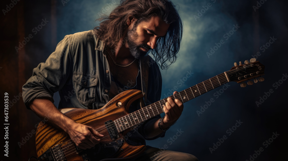 Obraz premium Male musician playing guitar at a rock concert