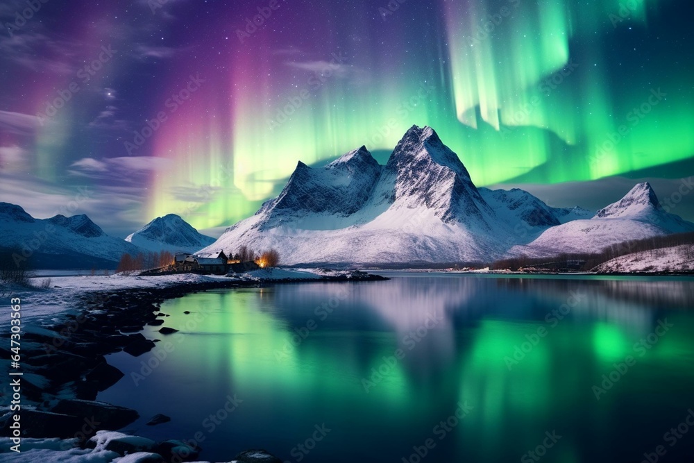 Vivid green and purple aurora illuminating wintry mountains. Generative AI
