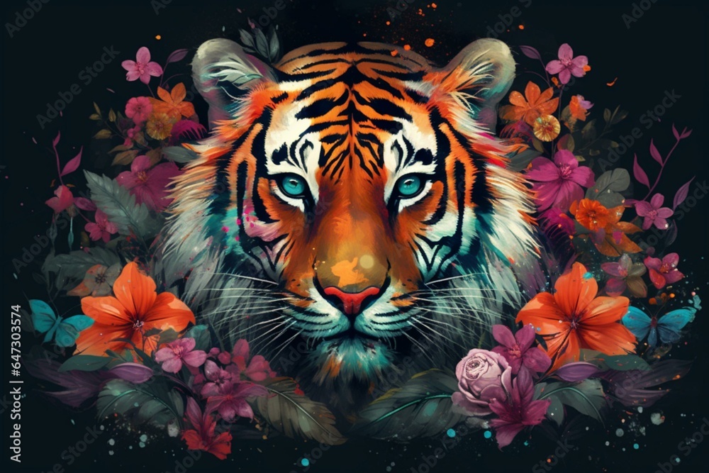 Illustration of a majestic tiger surrounded by vibrant flowers. Generative AI