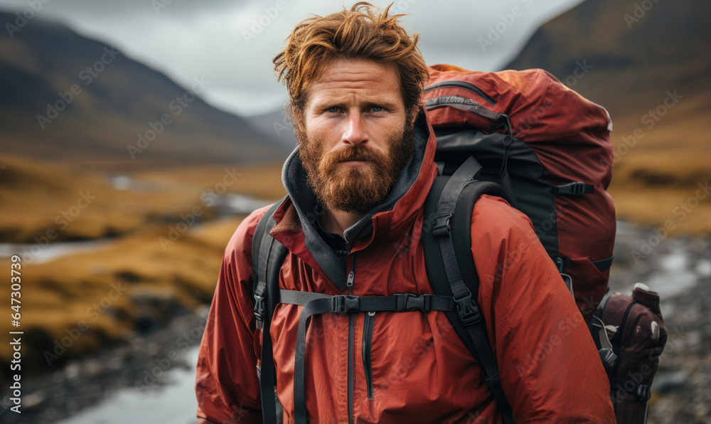 Autumn hike on mountain. Portrait of handsome bearded nordic red-haired man with backpack, hiker climbs top. Beautiful mountains landscape.