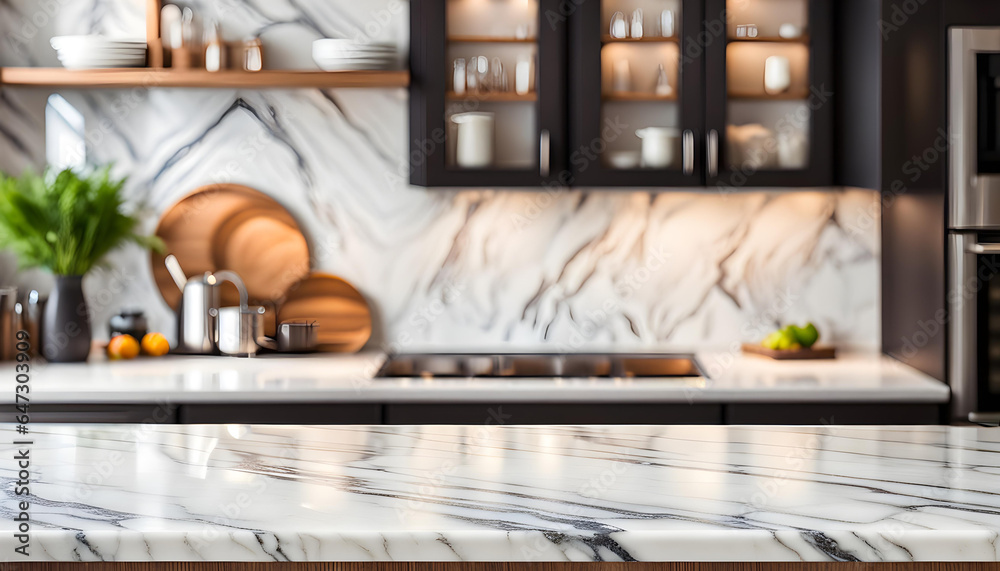marble counter tabletop with copy space over blurred modern kitchen background. marble counter tabletop with copy space over blurred modern kitchen background.