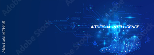 Abstract low poly hand use finger pressing on CPU circuit board line artificial intelligence. ai analysis deep machine learning on circular hud system vector background.