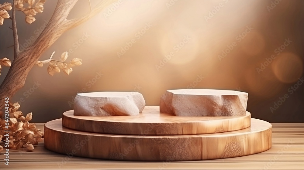 Wooden podium stand 3D rendering. Minimal scene for cosmetics products showcase with on gradient blurred background and beautiful light. Blank space to place your design Wooden podium stand 3D rendering. Minimal scene for cosmetics products showcase with on gradient blurred background and beautiful light. Blank space to place your design