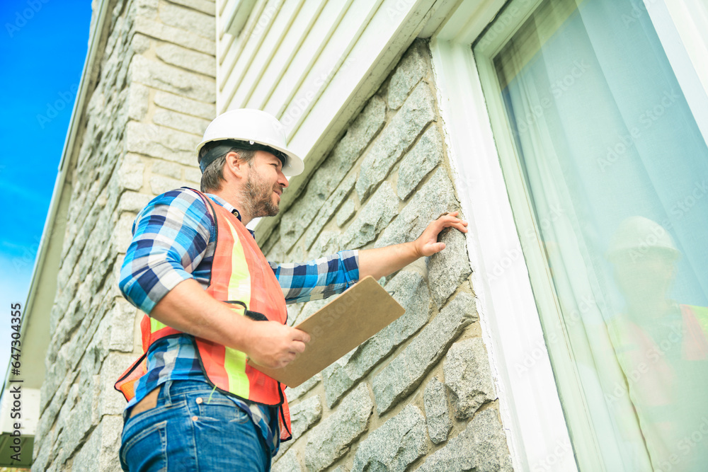 worker man with hard hat inspecting house window worker man with hard hat inspecting house window