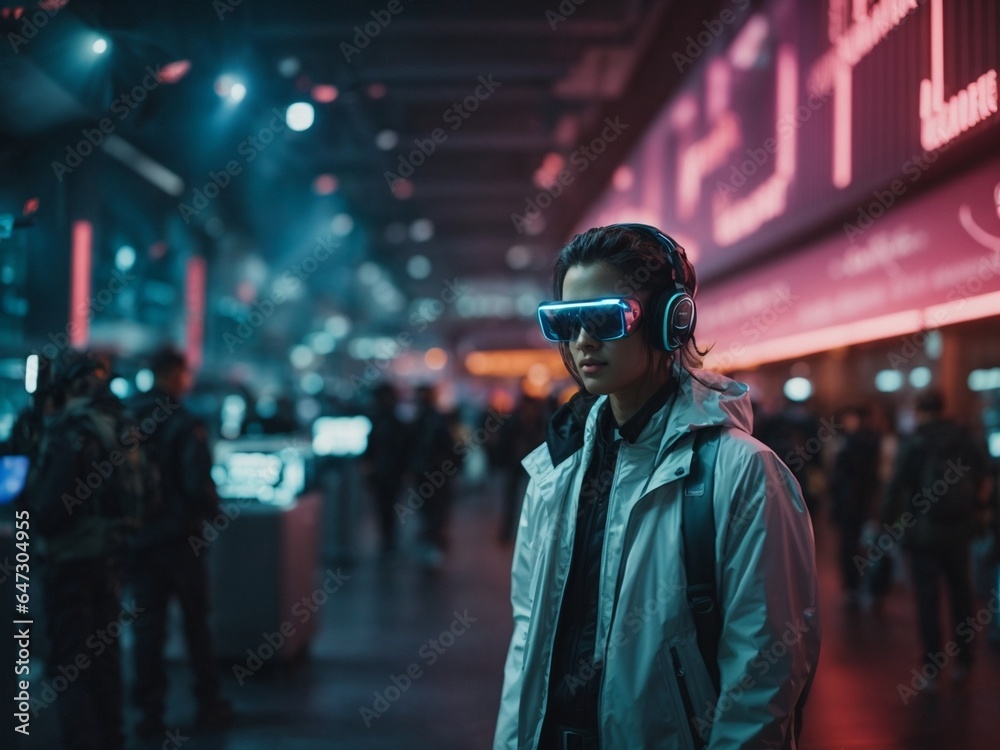 young girl neural network cyberpunk in the future.