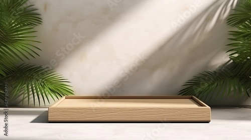 Dark wood table top or Wooden podium stand with green palm leaves  with bokeh light and shadow on background - Use for Mock up template for Product display presentation rendering 3d  © vita555