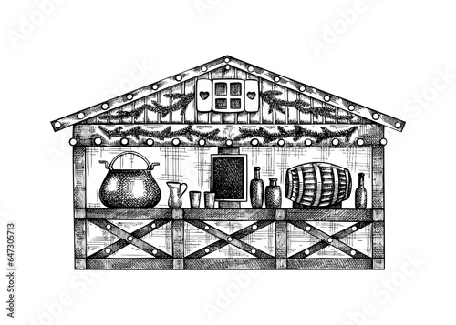 Christmas market stall kiosk sketch. Hand-drawn vector illustration. Traditional winter Christmas fair marketplace.  Wooden booth candy shop with hot drinks, mulled wine, garlands decoration