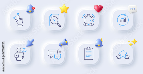 Stars, Update data and Clipboard line icons. Buttons with 3d bell, chat speech, cursor. Pack of Employees messenger, Touchscreen gesture, Search document icon. Vector