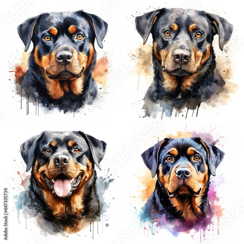 Portrait of Rottweiler Dog. Set of 4 watercolor paintings on white background. Minimal. Digital illustration generative AI.