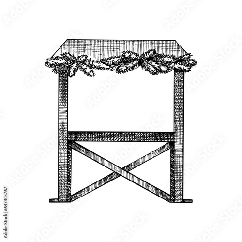 Christmas market stall kiosk sketch. Hand-drawn vector illustration. Traditional winter Christmas fair marketplace.  Wooden booth with table for fast food, garlands decoration,