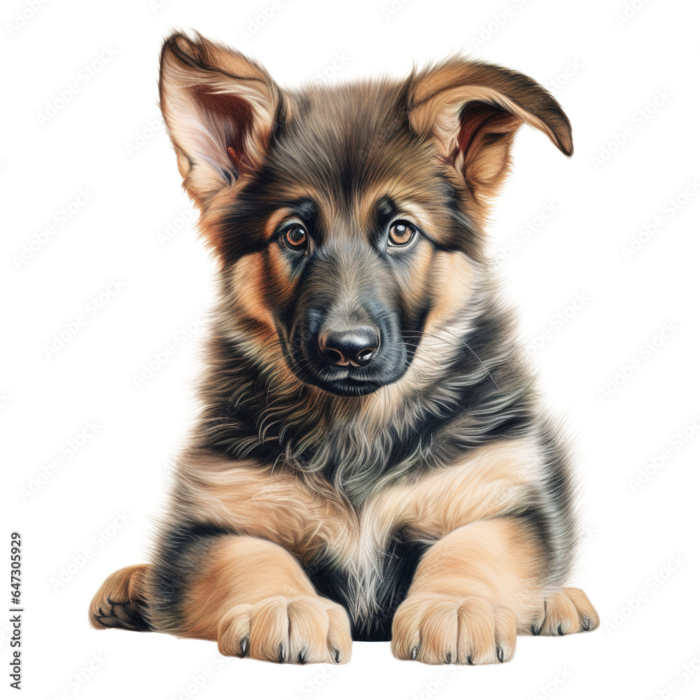 Portrait of german shepherd puppy. color pencil drawing painting on white background. Digital illustration generative AI. - obrazy, fototapety, plakaty 