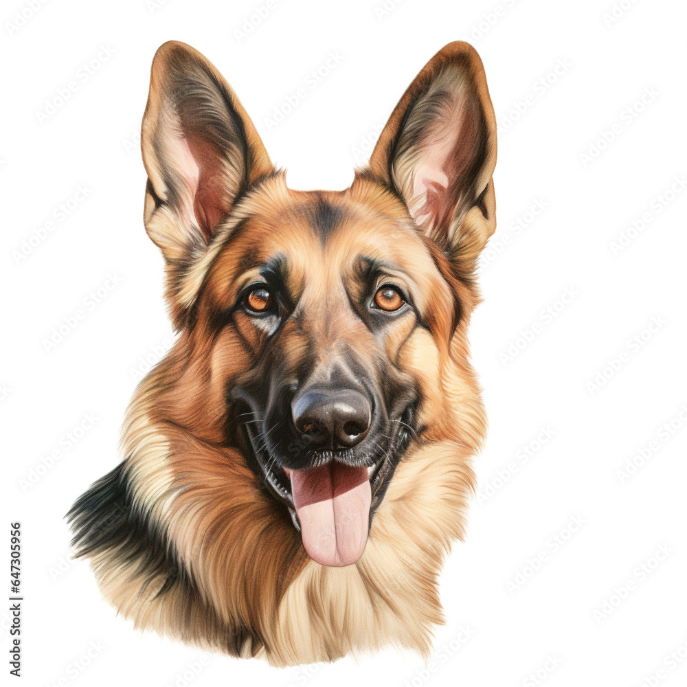 Portrait of german shepherd dog. color pencil drawing painting on white background. Digital illustration generative AI.