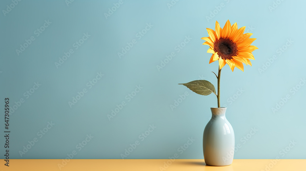 A sunflower in a vase. Minimal, simplistic and Zen style in pastel colors with copyspace for text. Digital illustration generative AI. A sunflower in a vase. Minimal, simplistic and Zen style in pastel colors with copyspace for text. Digital illustration generative AI.