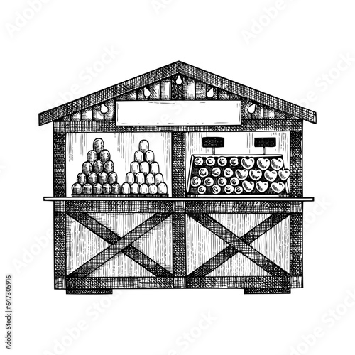 Christmas market stall kiosk sketch. Hand-drawn vector illustration. Traditional winter Christmas fair marketplace.  Wooden booth candy shop with sweets, pastries, garlands decoration