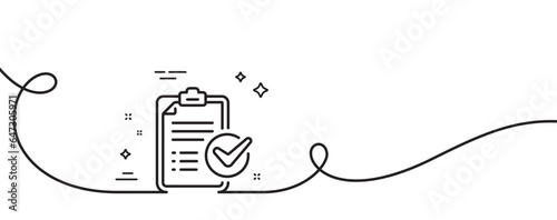 Survey checklist line icon. Continuous one line with curl. Report sign. Business review symbol. Survey checklist single outline ribbon. Loop curve pattern. Vector