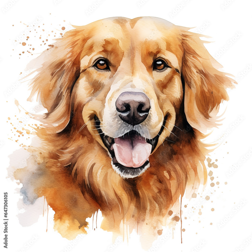 Portrait of golden retriever dog. watercolor painting on white background. Digital illustration generative AI.