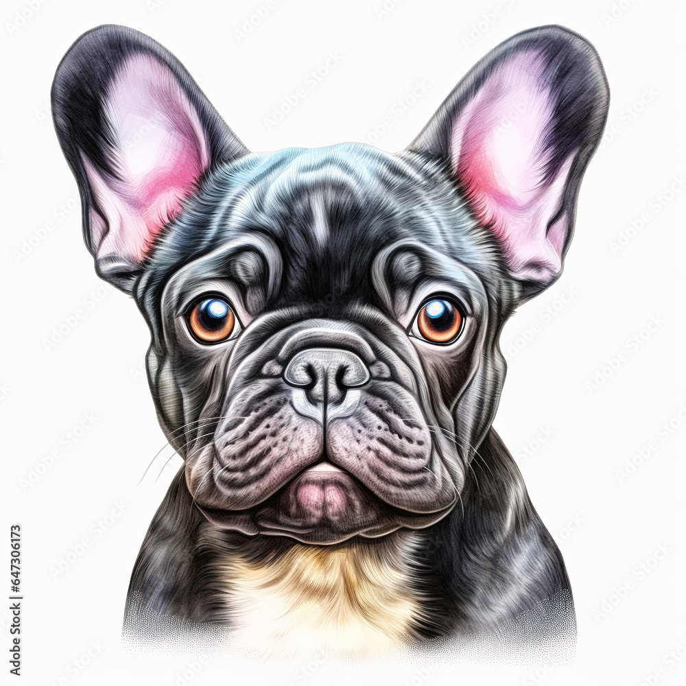 Portrait of french bulldog dog. color pencil drawing painting on white background. Digital illustration generative AI.
