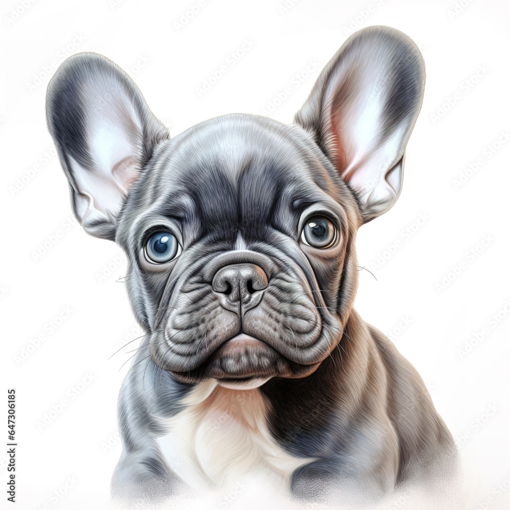 Portrait of french bulldog puppy. color pencil drawing painting on white background. Digital illustration generative AI.