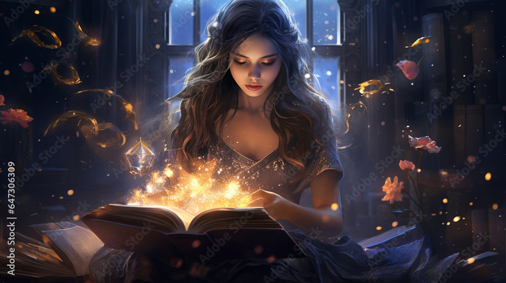 A girl reads a magic book and fantasizes. Generation AI - obrazy, fototapety, plakaty 