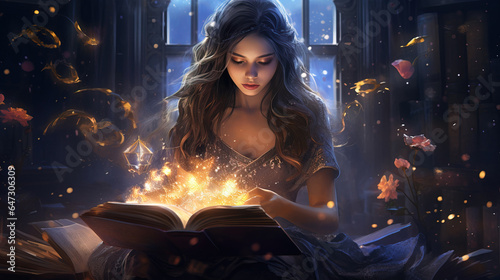 A girl reads a magic book and fantasizes. Generation AI