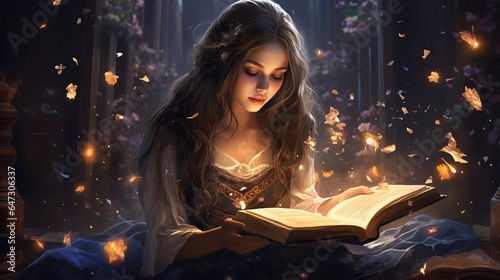 A girl reads a magic book a...