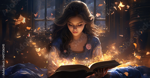 A girl reads a magic book and fantasizes. Generation AI photo